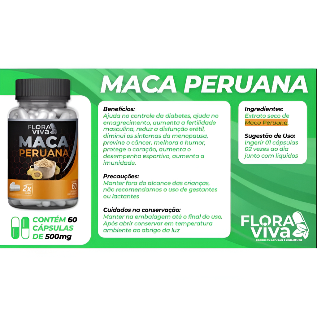 Maca Peruana 500mg 60 Cápsulas - Flora Viva