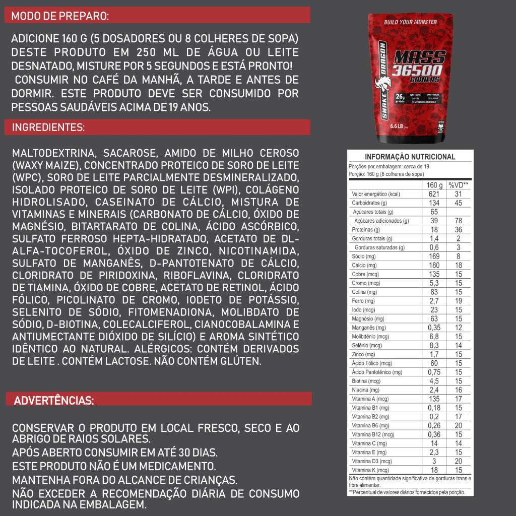 Hipercalorico Com Whey - MASS 36500, 3kg - Snake Dragon