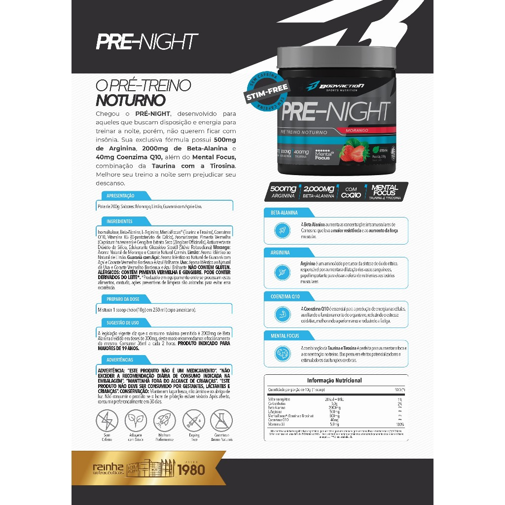 Pre Treino Sem Cafeína Pre Night 200g Bodyaction