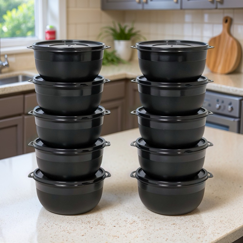 Kit 10 Potes Bowl 1300ml Plástico com Tampa – Marmita Cozinha, Freezer, Micro-ondas e Lava-Louças.