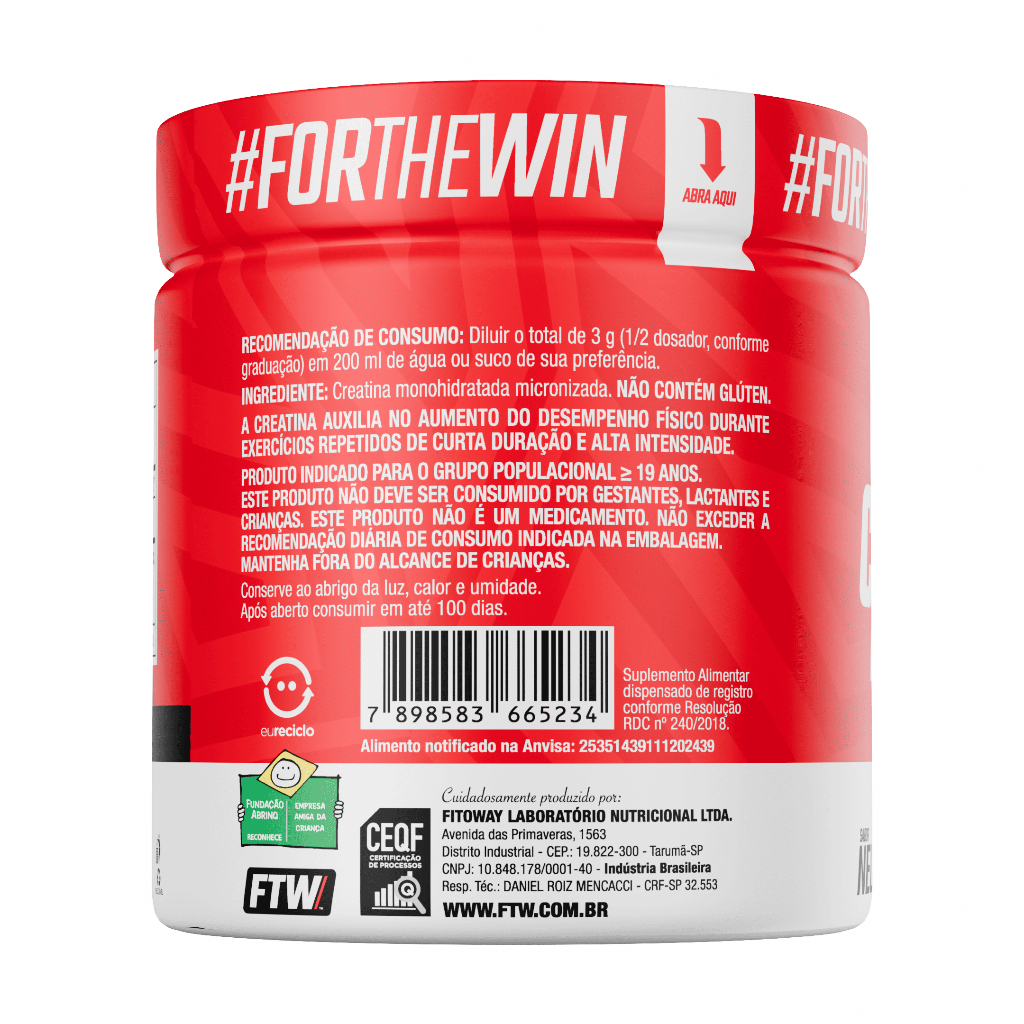 FTW Creatina Monohidratada Pote 300g 100% Pura - Energia, Força e Resistência - Absorção Rápida
